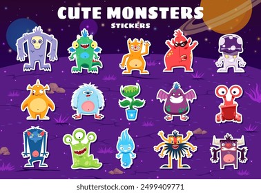 Cartoon monster characters stickers pack featuring cute and creatures against a cosmic background with alien planet landscape. funny beasts with expressive faces and poses, vector patches set