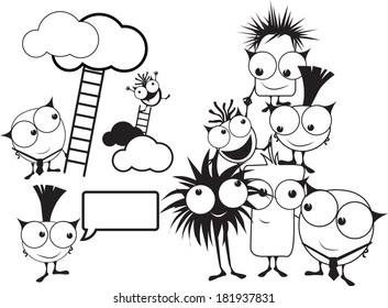 Comic-Monster-Figuren mit einem Teamwork und Challenge-Thema