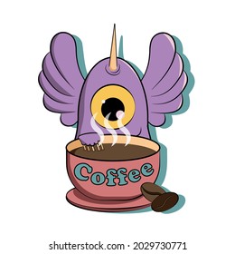 Cartoon monster with coffee cup. One eyed purple people eater with horn and wings. Cute childish design. Isolated vector illustration on white background