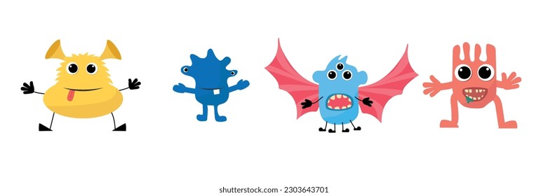 Cartoon monster collection. Crazy cute monsters different comic character. Set funny alien or bacteria or caries colorful vector isolated illustration.