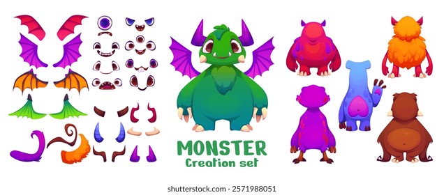 Cartoon monster creation kit, funny evil character constructor featuring body parts, includes eyes, wings, tails and horns, facial expressions and figure shapes to create unique and playful monster