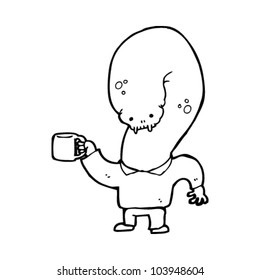 cartoon monster with cup of coffee