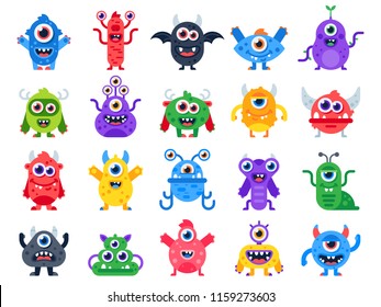 Cartoon monster. Cute happy monsters, halloween mascots and funny mutant devil and cyclops beast toys logo creature with horn and wing. Scary cheerful creatures character vector flat isolated icon set