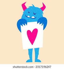 Cartoon monster. Design for print, sticker, party decoration, logo, emblem, magazine prints or journal article, t-shirt design, poster. Vector illustration with Riso print effect