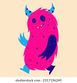 Cartoon monster. Design for print, sticker, party decoration, logo, emblem, magazine prints or journal article, t-shirt design, poster. Vector illustration with Riso print effect