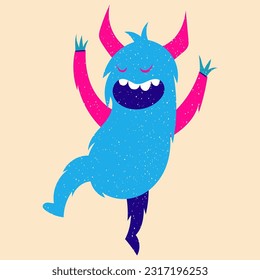 Cartoon monster. Design for print, sticker, party decoration, logo, emblem, magazine prints or journal article, t-shirt design, poster. Vector illustration with Riso print effect