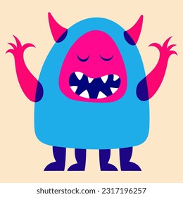 Cartoon monster. Design for print, sticker, party decoration, logo, emblem, magazine prints or journal article, t-shirt design, poster. Vector illustration with Riso print effect