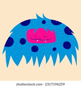 Cartoon monster. Design for print, sticker, party decoration, logo, emblem, magazine prints or journal article, t-shirt design, poster. Vector illustration with Riso print effect