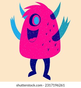Cartoon monster. Design for print, sticker, party decoration, logo, emblem, magazine prints or journal article, t-shirt design, poster. Vector illustration with Riso print effect