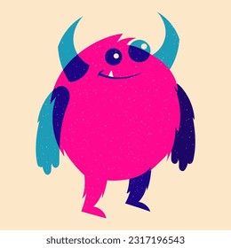 Cartoon monster. Design for print, sticker, party decoration, logo, emblem, magazine prints or journal article, t-shirt design, poster. Vector illustration with Riso print effect