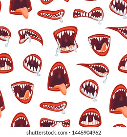 Cartoon Monster and Devil Mouth Seamless Pattern Background on a White Scary Halloween Concept Element Flat Design Style. Vector illustration of Demon Teeth