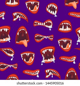 Cartoon Monster and Devil Mouth Seamless Pattern Background Scary Halloween Concept Element Flat Design Style. Vector illustration of Demon Teeth