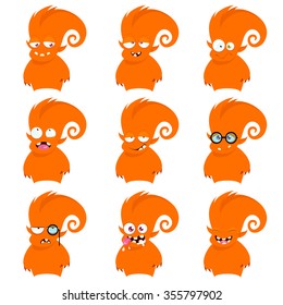 Cartoon monster with different emotions. Set of nine emotions stickers.