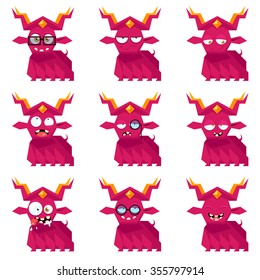 Cartoon monster with different emotions. Set of nine emotions stickers.