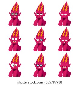 Cartoon monster with different emotions. Set of nine emotions stickers.
