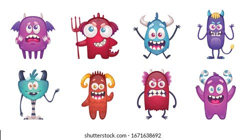 Cartoon monster emoticon set with isolated characters of funny beasts representing different facial emotions and smileys vector illustration