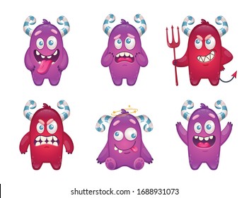 Cartoon monster emoticons set with funny doodle characters of crazy childish beasts isolated on blank background vector illustration