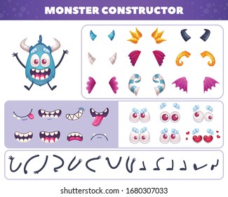 Cartoon monster emoticons set of isolated elements for creating funny doodle character with eyes and mouths vector illustration