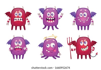Cartoon monster emoticons set with six characters of childish beasts with wings isolated on blank background vector illustration
