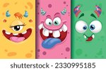 Cartoon monster emotions faces set. Cute monster faces with different expressions. Best for children supplies and party designs. Vector illustrations collection.