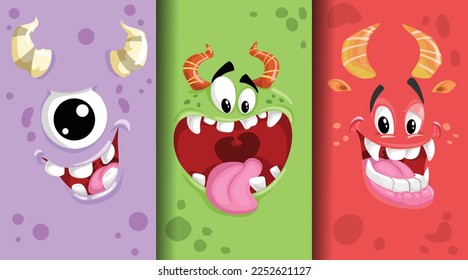 Cartoon monster emotions faces set. Cute horned monster faces with different expressions. Best for children supplies and party designs. Vector illustrations collection.