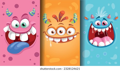 Cartoon monster emotions faces set. Cute monster faces with different expressions. Best for children supplies and party designs. Vector illustrations collection.