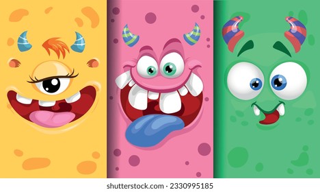 Cartoon monster emotions faces set. Cute monster faces with different expressions. Best for children supplies and party designs. Vector illustrations collection.