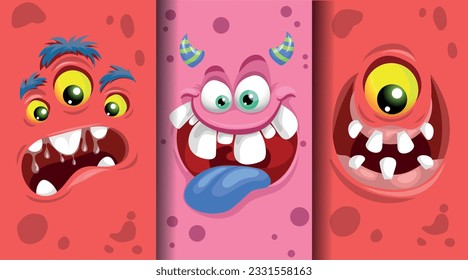 Cartoon monster emotions faces set. Cute monster faces with different expressions. Best for children supplies and party designs. Vector illustrations collection.