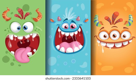 Las emociones de los monstruo de las caricaturas se han puesto en juego. Caras de monstruo con expresiones diferentes. Lo mejor para los suministros para niños y los diseños de las fiestas. Colección de ilustraciones vectoriales.