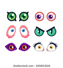 Cartoon Monster Eyes. Comic Cute And Creepy Monster Eyeballs Isolated On White Background. Flat Vector Illustration Set