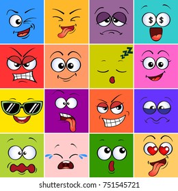 Cartoon monster face. Emoji. Cute emoticons. Square colorful avatars