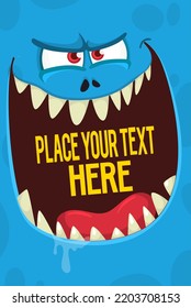 Cartoon monster face with funny expression opened mouth  blank space  banner for text. Vector illustration. Isolated. Halloween design element for banner, postcard, poster, package or decoration
