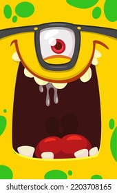Cartoon monster face with funny expression opened mouth  blank space  banner for text. Vector illustration. Isolated. Halloween design element for banner, postcard, poster, package or decoration
