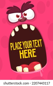 Cartoon monster face with funny expression opened mouth  blank space  banner for text. Vector illustration. Isolated. Halloween design element for banner, postcard, poster, package or decoration
