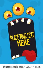 Cartoon monster face with funny expression opened mouth  blank space  banner for text. Vector illustration. Isolated. Halloween design element for banner, postcard, poster, package or decoration
