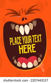 Cartoon monster face with funny expression opened mouth  blank space  banner for text. Vector illustration. Isolated. Halloween design element for banner, postcard, poster, package or decoration
