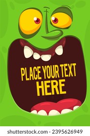 Cartoon monster face with funy expression opened mouth blank space banner for text. Vector illustration isolated. 
Halloween design element for banner or decoration party