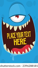 Cartoon monster face with funy expression opened mouth blank space banner for text and one eye. Vector illustration isolated. 
Halloween design 