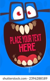 Cartoon monster face with funy expression opened mouth blank space banner for text. Vector illustration isolated. 
Halloween design element for banner or decoration party