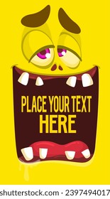 Cartoon monster face with funy expression opened mouth blank space banner for text. Vector illustration isolated. 
Halloween design element for banner or decoration party