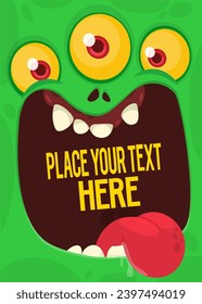 Cartoon monster face with funy expression opened mouth blank space banner for text. Vector illustration isolated. 
Halloween design element for banner or decoration party