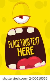 Cartoon monster face with funy expression opened mouth blank space banner for text and one eye. Vector illustration isolated. 
Halloween design 