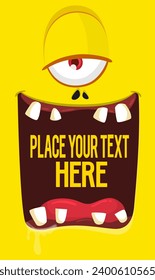 Cartoon monster face with funy expression opened mouth blank space banner for text. Vector illustration isolated. 
Halloween design element for banner or decoration party