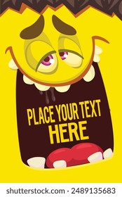 Cartoon monster face with funy expression opened mouth blank space banner for text . Great for package design or party decoration.
