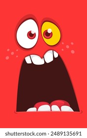 Cartoon monster face with funy expression opened mouth blank space banner for text . Great for package design or party decoration.