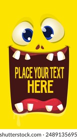 Cartoon monster face with funy expression opened mouth blank space banner for text . Great for package design or party decoration.