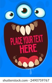 Cartoon monster face with funy expression opened mouth blank space banner for text . Great for package design or party decoration.