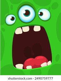 Cartoon monster face with funy expression opened mouth blank space banner for text . Great for package design or party decoration.