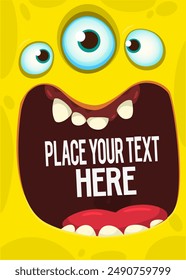 Cartoon monster face with funy expression opened mouth blank space banner for text . Great for package design or party decoration.