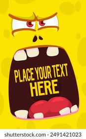 Cartoon monster face with funy expression opened mouth blank space banner for text . Great for package design or party decoration.